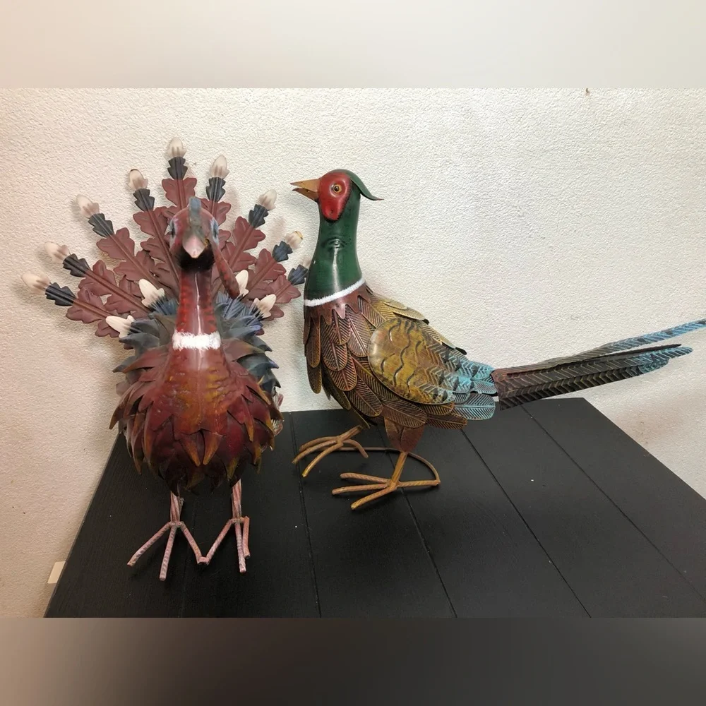 2 Metal Pheasant Bird Standing - Multicolor
